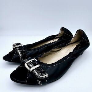 AGL Attilio Giusti Leombruni Black Leather Buckle Peep Toe Flats